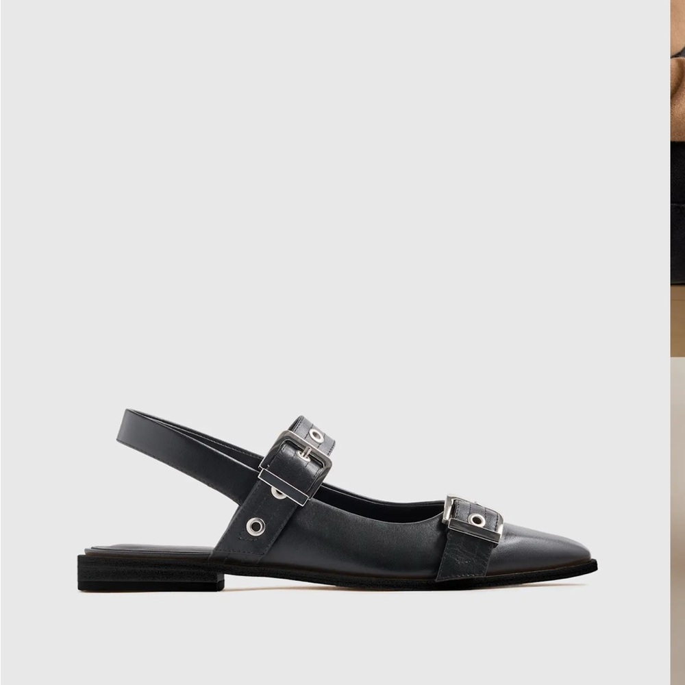 Quince Italian Leather Bold Buckle Slingback Black Flat 9